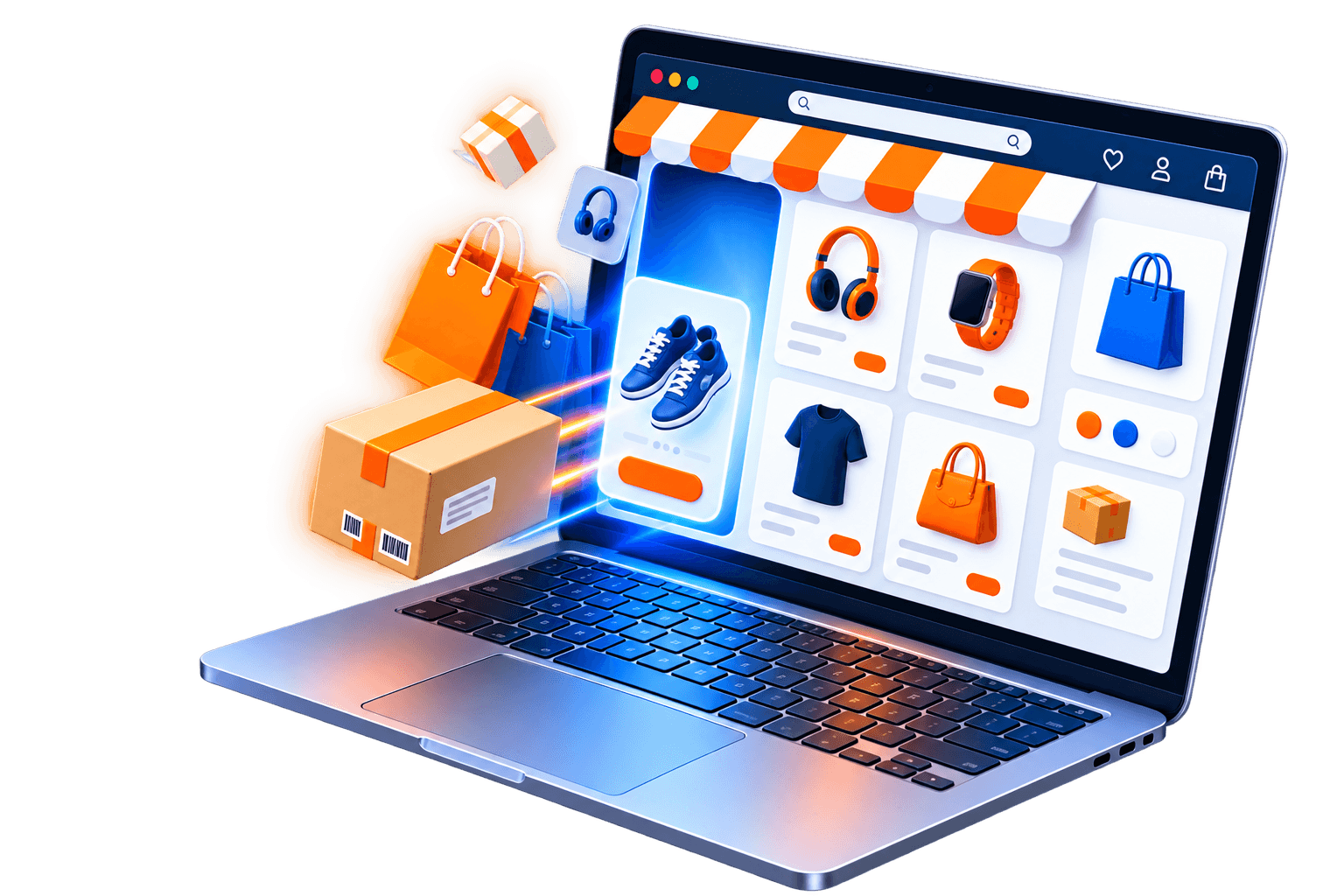 Online store displayed on a laptop with products emerging from the screen